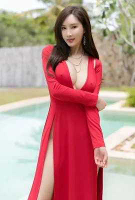 Zhou Yanxi’s passionate girl in red dress and deep ditch scenery is very good
