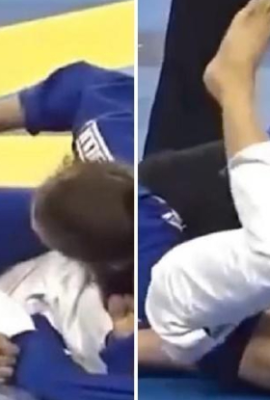 fierce! A pretty girl in Brazilian Jiu-Jitsu was attacked by her opponent and her gi uniform was pulled away… her “full bust” became the focus